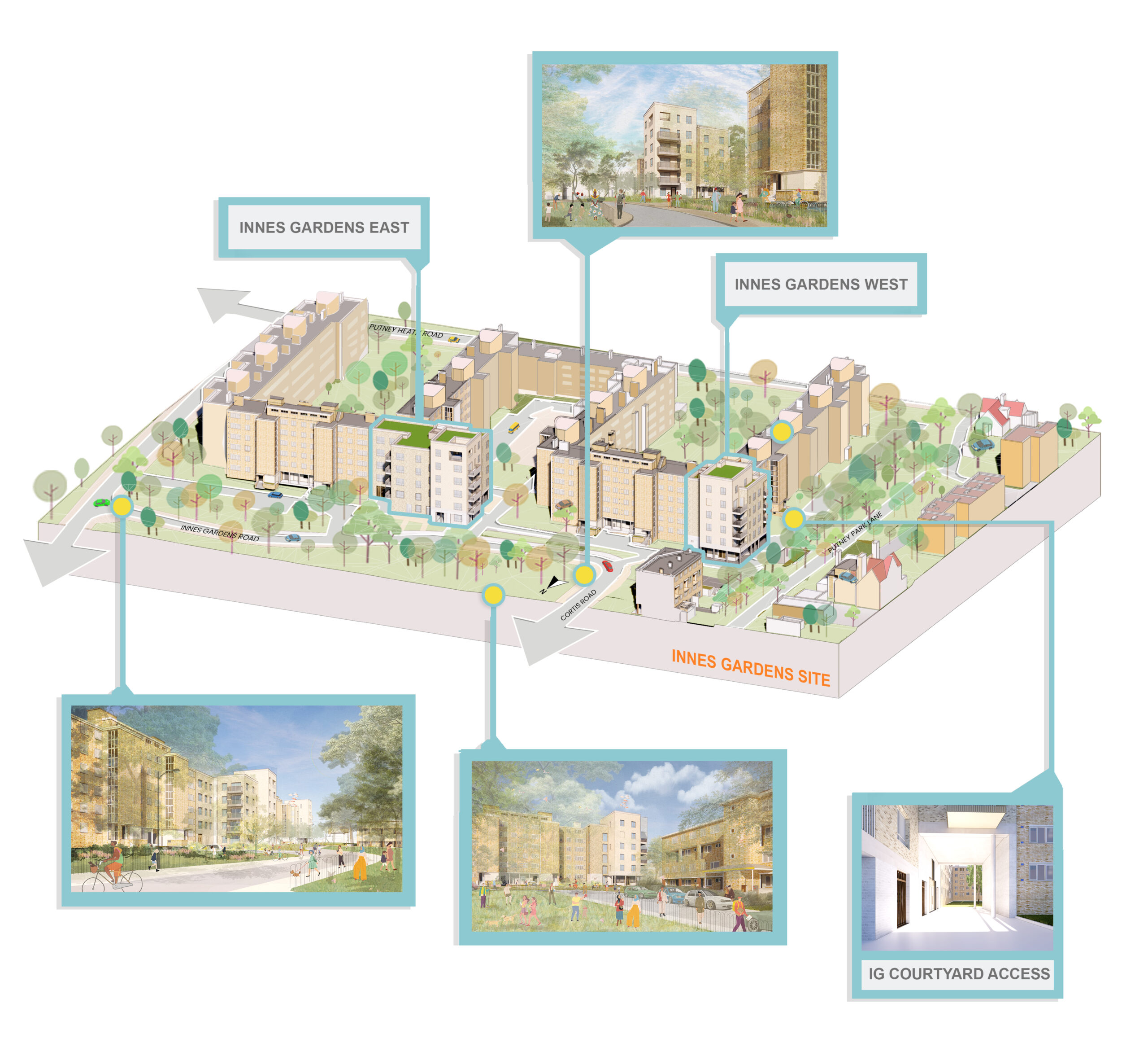 Indicative 3D aerial view of the proposals for the sites at Innes Gardens